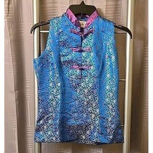 NWT Xara by Georgetown Turquoise Floral Pink Tie ButtonUp Sleeveless Blouse Sz S